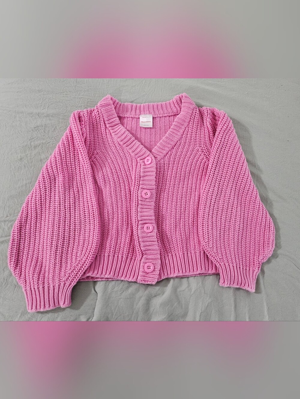 Hanna Anderson Girls Size 6-7 Pink Chunky Knit Button-Up Sweater Cardigan